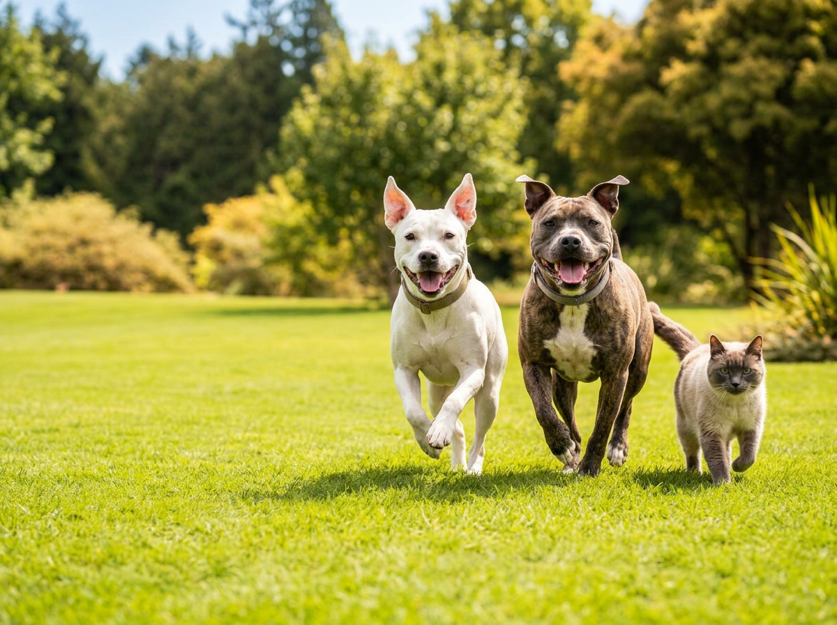 Dois cães de coleira correndo alegres por um gramado verde ao lado de um gato, sob céu azul